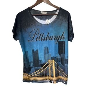 NWT Sweet Gisele Women XL Pittsburgh City Graphic Blue T-shirt Rhinestone Casual